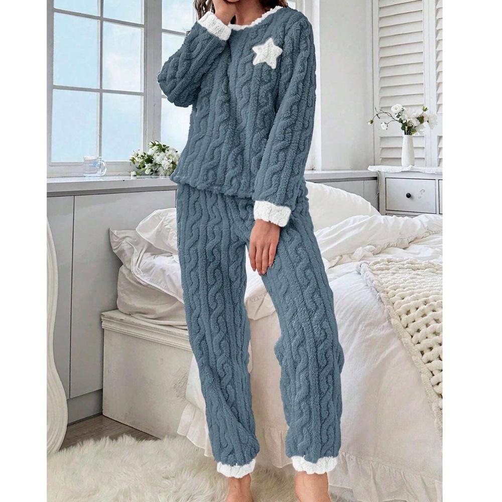 Cozy Teddy Textured Color Block Pajamas Lounge Set - Picture 3 of 8